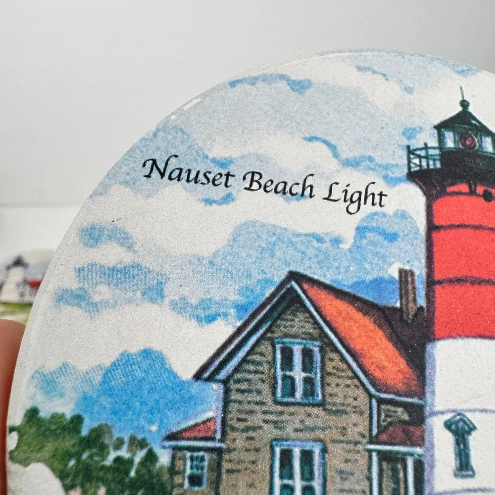 Donna Elias Art Nauset Beach Nobska Light House Round Coaster Stone Beach Theme